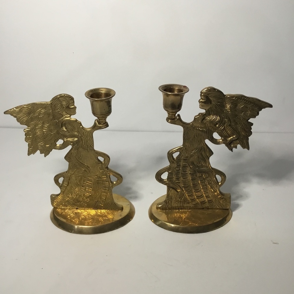 Pair Of Vintage Long-Haired Maiden Brass Taper Candleholders Made In India - Picture 2 of 9